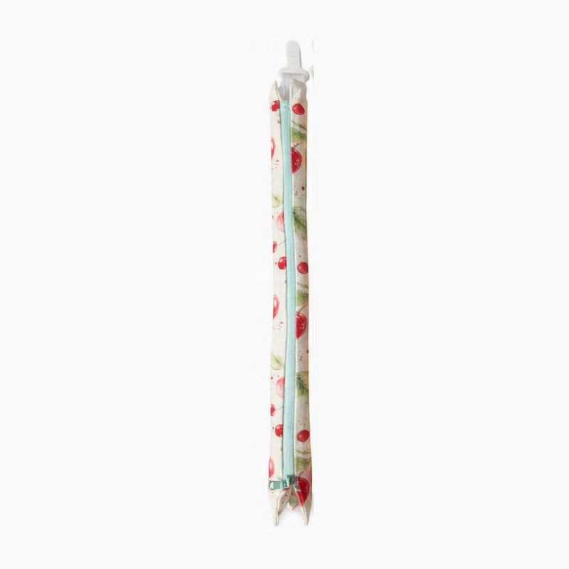 The Cocoon Sleeve in Cherry — a close view of the zip